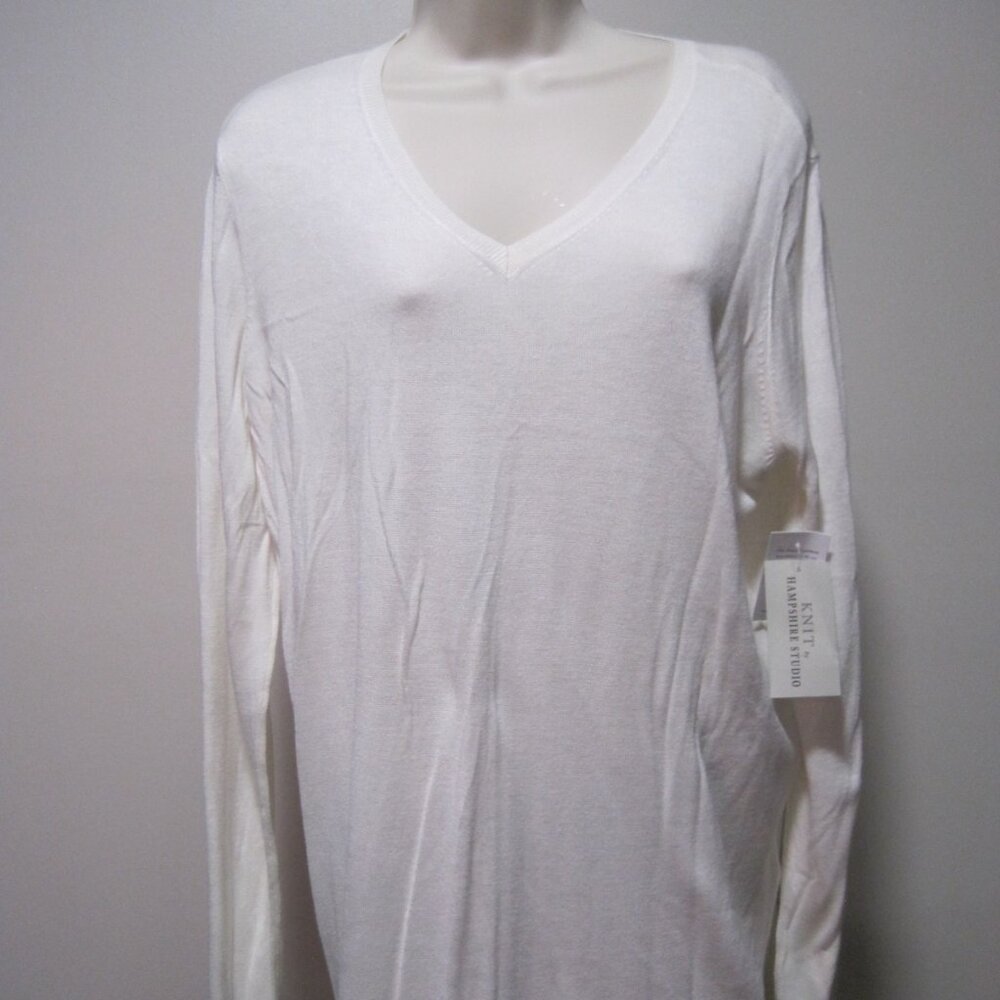 Knit By Hampshire Studio Womens Large Shell White Rayon V-Neck Long Sleeve Shirt